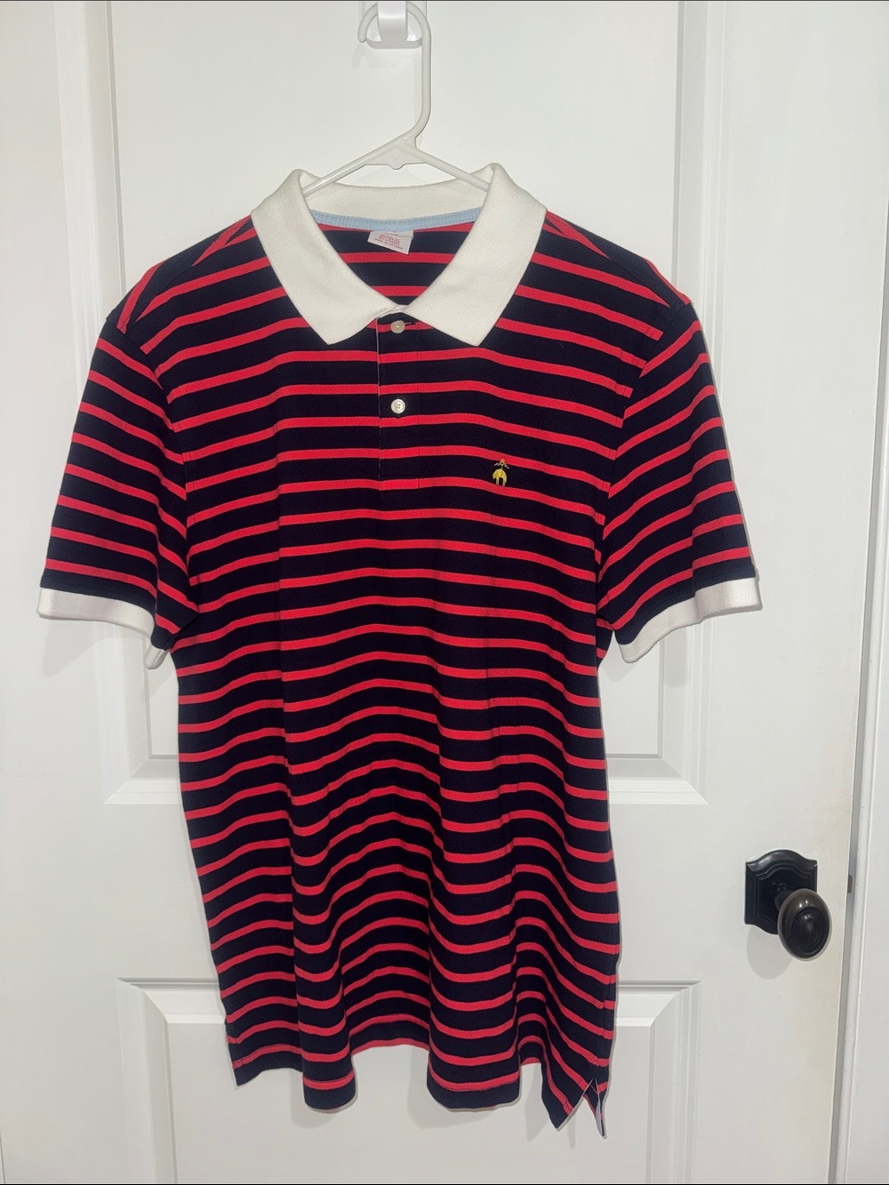 Brooks Brothers Navy and Pink Striped Polo with White Collar